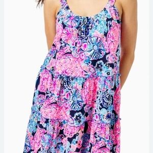 Lilly Pulitzer High Tide Navy Pink Turtle Tiered Swing Dress Size XS